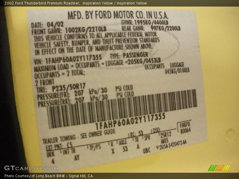 Inspiration Yellow / Inspiration Yellow 2002 Ford Thunderbird Premium Roadster