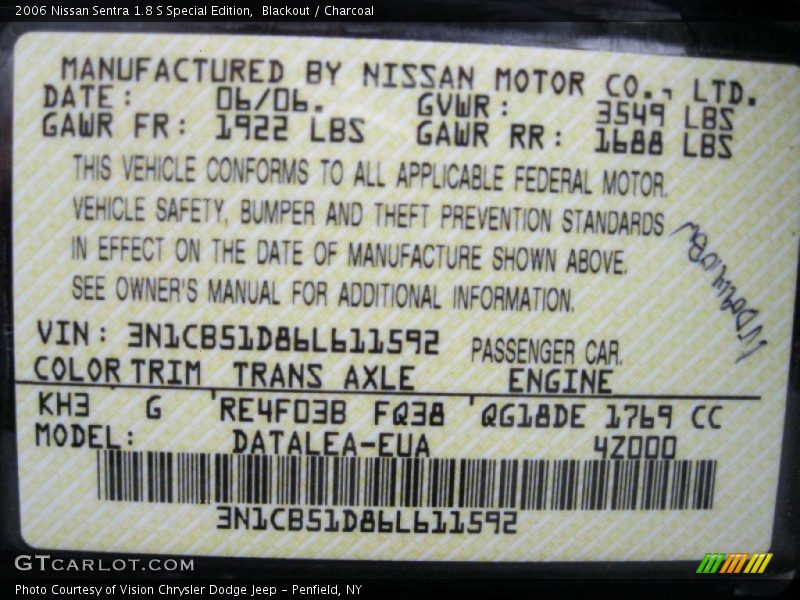 Blackout / Charcoal 2006 Nissan Sentra 1.8 S Special Edition