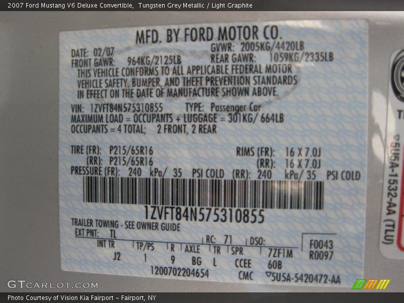 Tungsten Grey Metallic / Light Graphite 2007 Ford Mustang V6 Deluxe Convertible