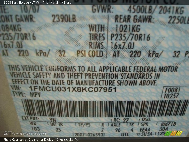 Silver Metallic / Stone 2008 Ford Escape XLT V6