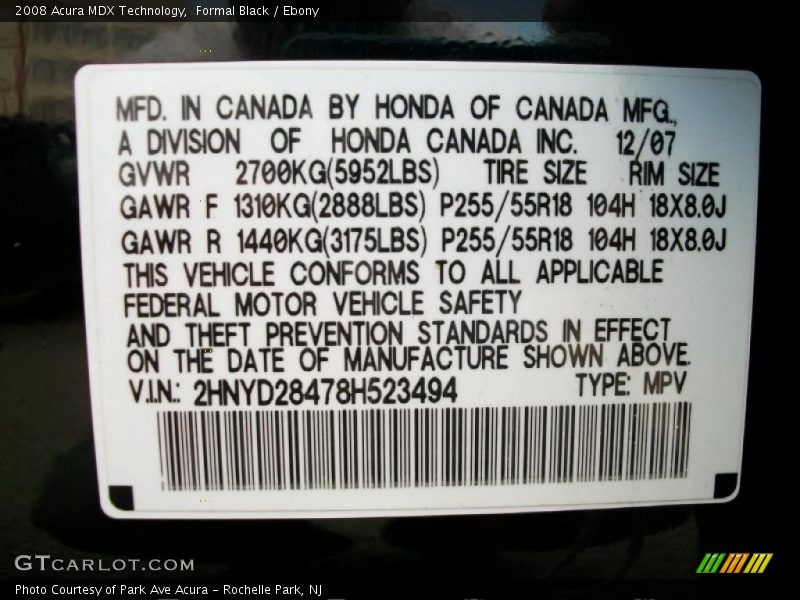 Formal Black / Ebony 2008 Acura MDX Technology