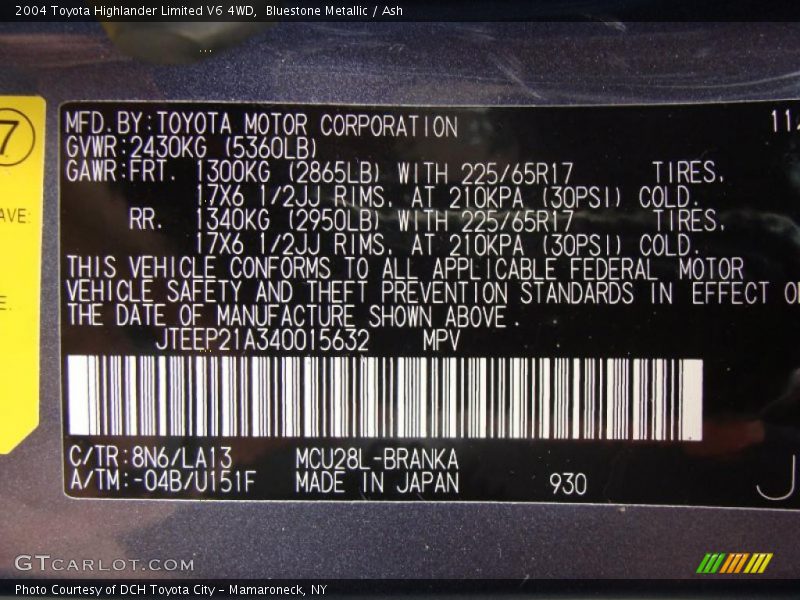 Bluestone Metallic / Ash 2004 Toyota Highlander Limited V6 4WD