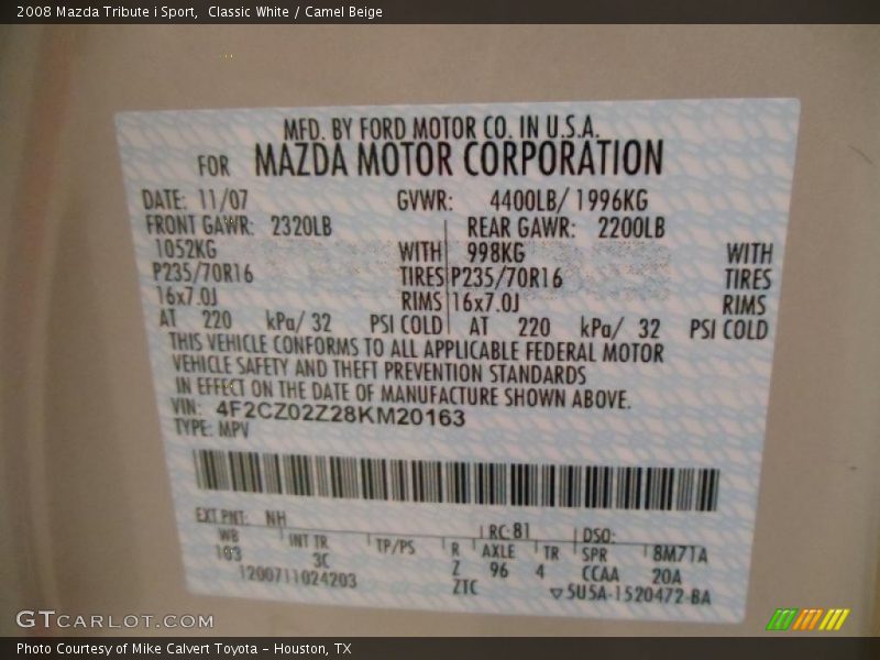 Classic White / Camel Beige 2008 Mazda Tribute i Sport