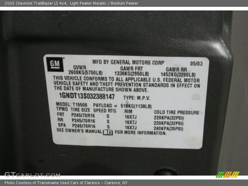 Light Pewter Metallic / Medium Pewter 2003 Chevrolet TrailBlazer LS 4x4