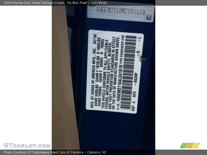2004 Civic Value Package Coupe Fiji Blue Pearl Color Code B529P