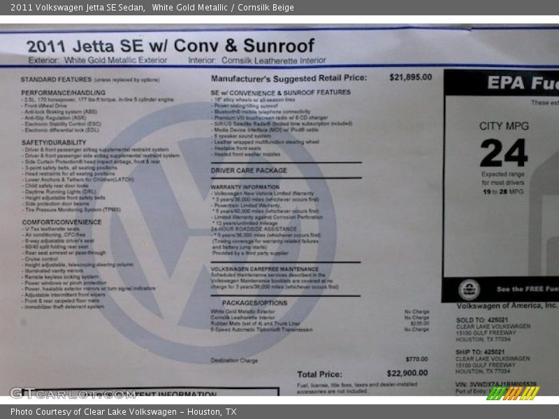  2011 Jetta SE Sedan Window Sticker