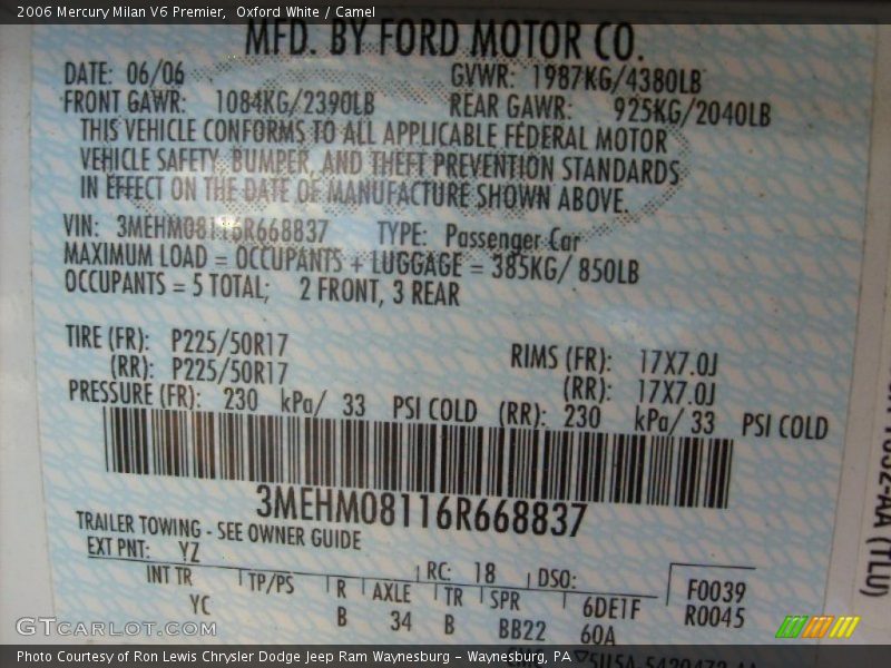 Oxford White / Camel 2006 Mercury Milan V6 Premier