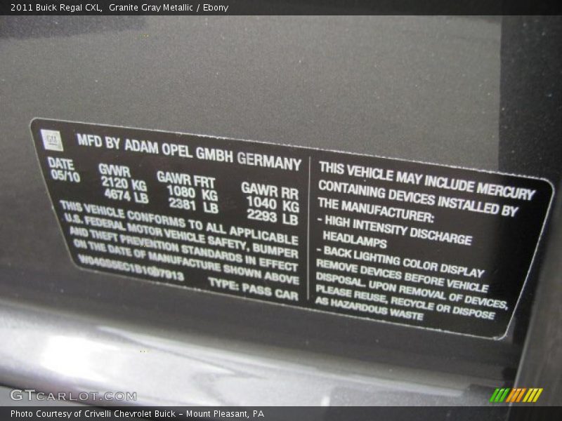 Granite Gray Metallic / Ebony 2011 Buick Regal CXL