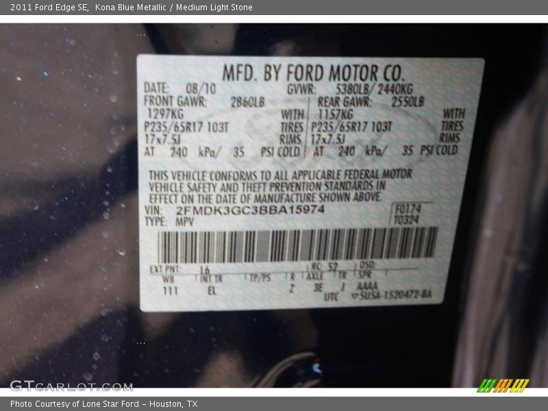 2011 Edge SE Kona Blue Metallic Color Code L6