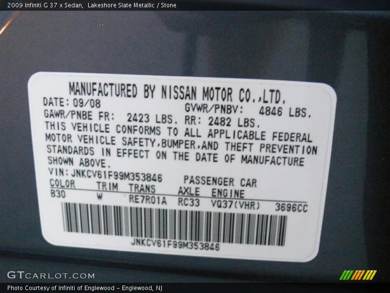 2009 G 37 x Sedan Lakeshore Slate Metallic Color Code B30