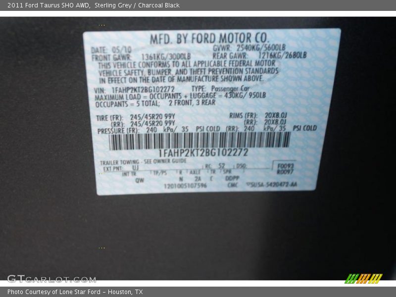 2011 Taurus SHO AWD Sterling Grey Color Code UJ