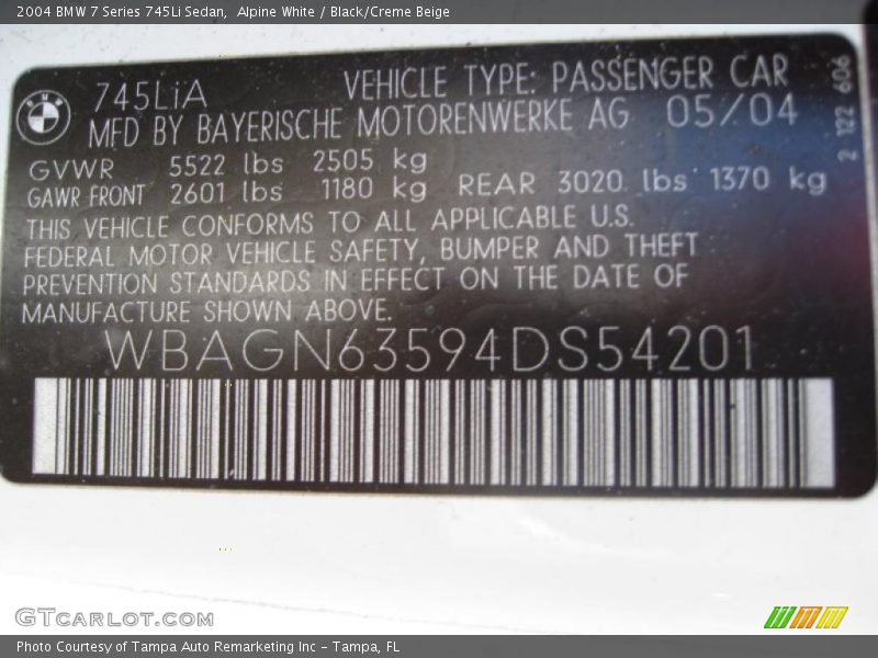 Alpine White / Black/Creme Beige 2004 BMW 7 Series 745Li Sedan