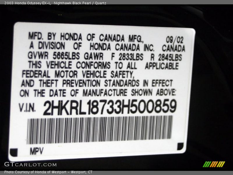 Info Tag of 2003 Odyssey EX-L