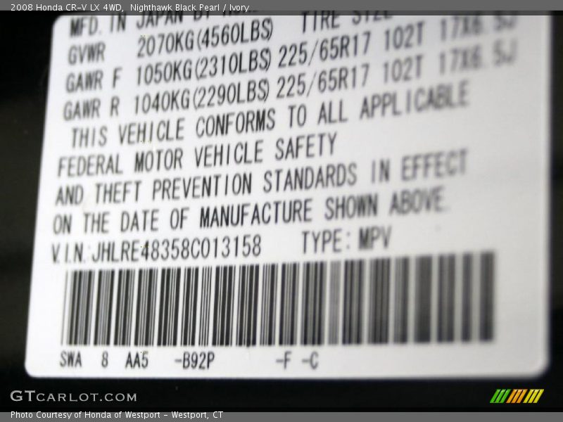 Nighthawk Black Pearl / Ivory 2008 Honda CR-V LX 4WD