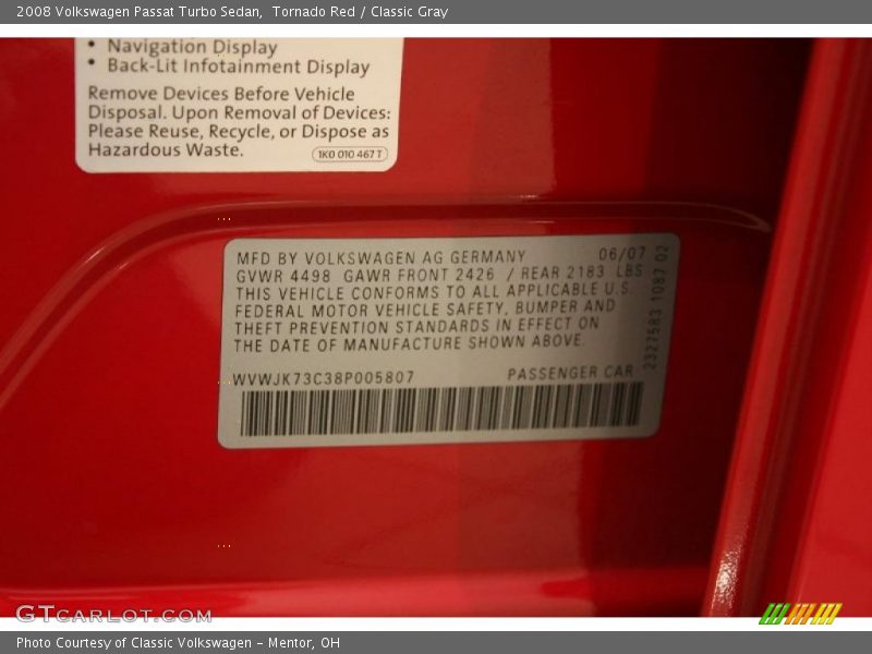 Tornado Red / Classic Gray 2008 Volkswagen Passat Turbo Sedan