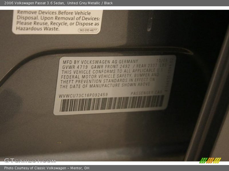 United Grey Metallic / Black 2006 Volkswagen Passat 3.6 Sedan