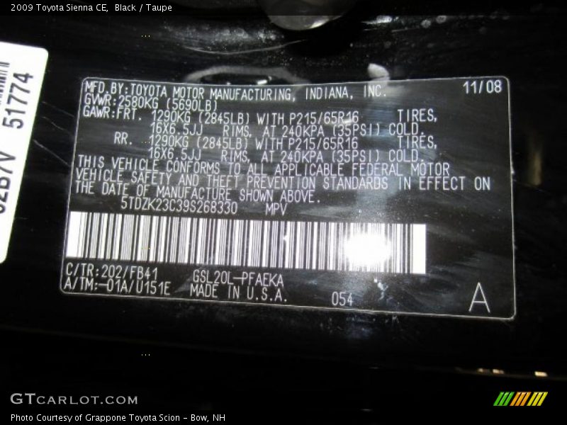 Black / Taupe 2009 Toyota Sienna CE