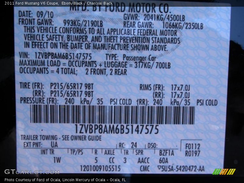 Ebony Black / Charcoal Black 2011 Ford Mustang V6 Coupe