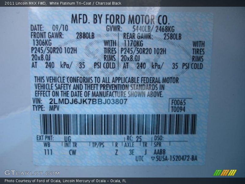 2011 MKX FWD White Platinum Tri-Coat Color Code UG