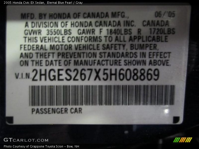 Eternal Blue Pearl / Gray 2005 Honda Civic EX Sedan