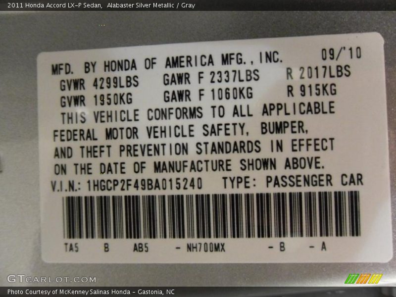 2011 Accord LX-P Sedan Alabaster Silver Metallic Color Code NH700M