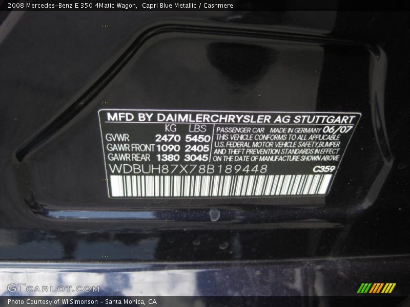 2008 E 350 4Matic Wagon Capri Blue Metallic Color Code 359