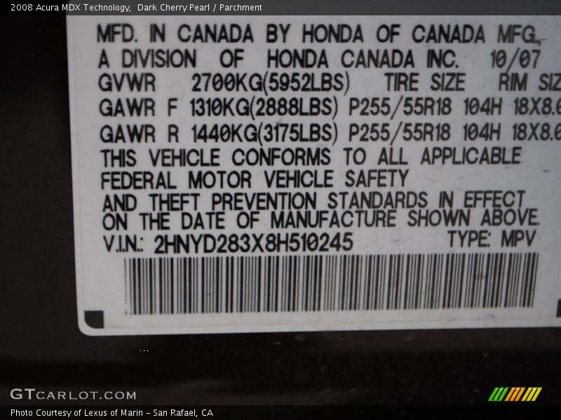 Dark Cherry Pearl / Parchment 2008 Acura MDX Technology