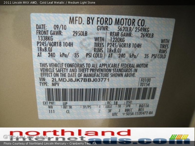 2011 MKX AWD Gold Leaf Metallic Color Code UP