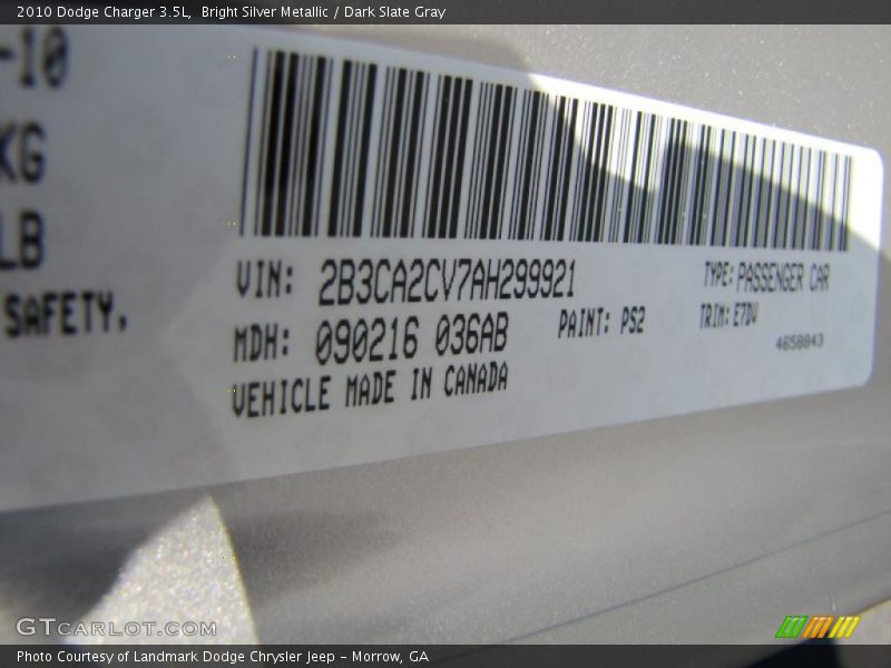 Bright Silver Metallic / Dark Slate Gray 2010 Dodge Charger 3.5L