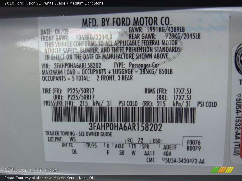 White Suede / Medium Light Stone 2010 Ford Fusion SE