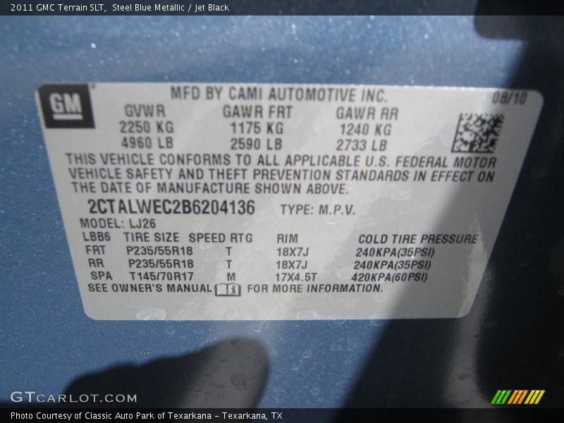 Info Tag of 2011 Terrain SLT