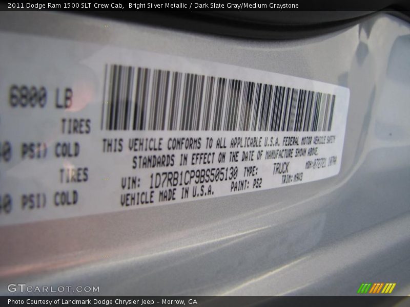 Bright Silver Metallic / Dark Slate Gray/Medium Graystone 2011 Dodge Ram 1500 SLT Crew Cab