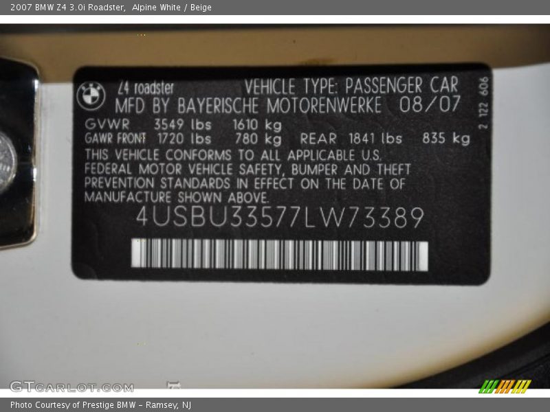 Alpine White / Beige 2007 BMW Z4 3.0i Roadster