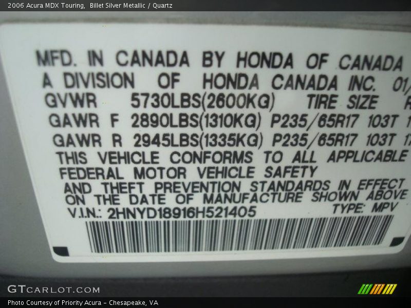 Billet Silver Metallic / Quartz 2006 Acura MDX Touring