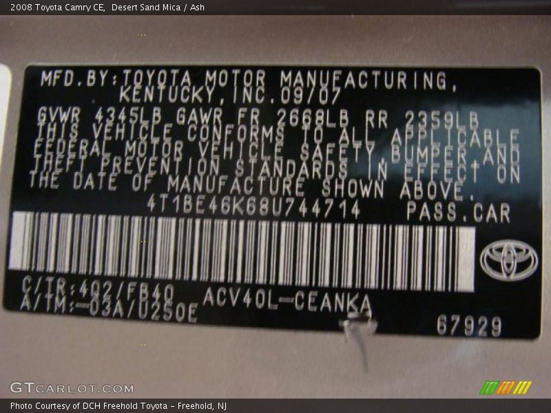 Desert Sand Mica / Ash 2008 Toyota Camry CE