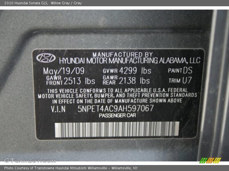 Willow Gray / Gray 2010 Hyundai Sonata GLS