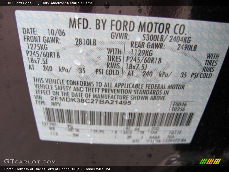 Dark Amethyst Metallic / Camel 2007 Ford Edge SEL