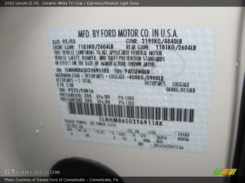 2003 LS V6 Ceramic White Tri Coat Color Code F6