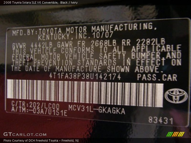 Black / Ivory 2008 Toyota Solara SLE V6 Convertible