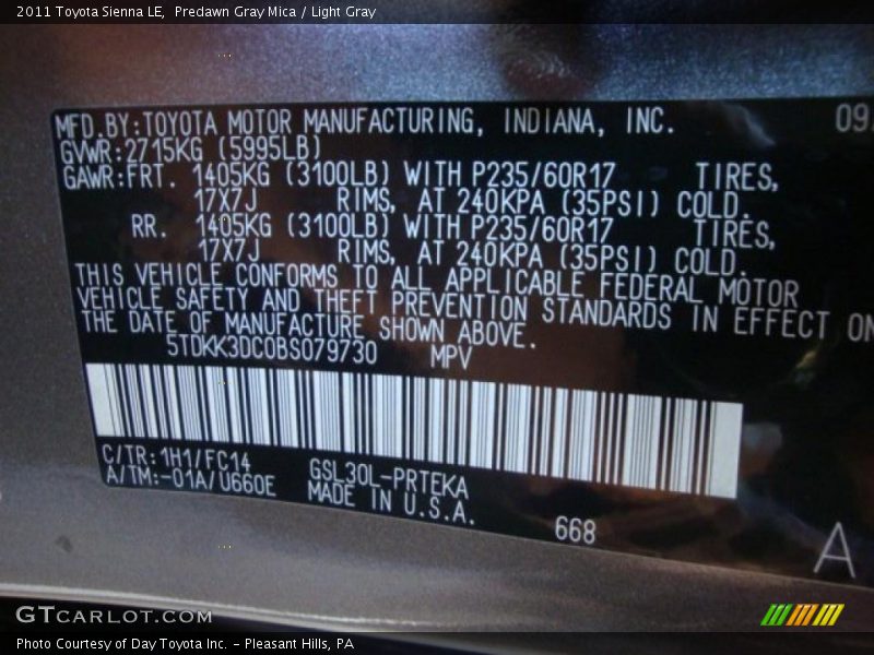 Predawn Gray Mica / Light Gray 2011 Toyota Sienna LE