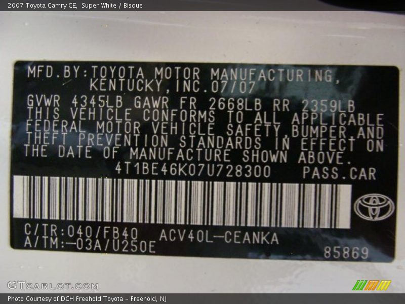 Super White / Bisque 2007 Toyota Camry CE