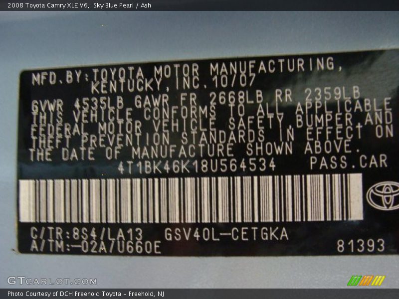 Sky Blue Pearl / Ash 2008 Toyota Camry XLE V6