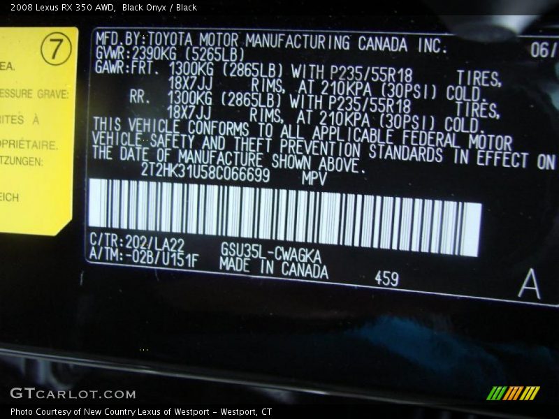 Black Onyx / Black 2008 Lexus RX 350 AWD
