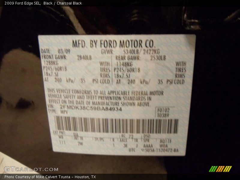 Black / Charcoal Black 2009 Ford Edge SEL