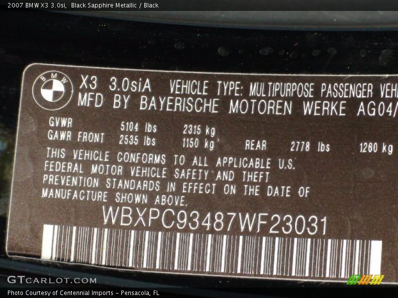 Black Sapphire Metallic / Black 2007 BMW X3 3.0si