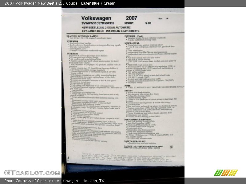 Laser Blue / Cream 2007 Volkswagen New Beetle 2.5 Coupe