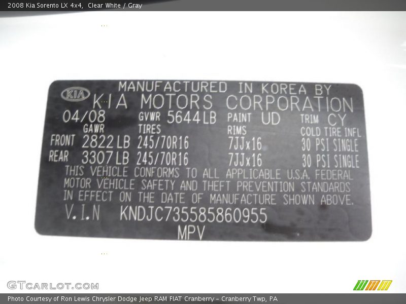 Clear White / Gray 2008 Kia Sorento LX 4x4