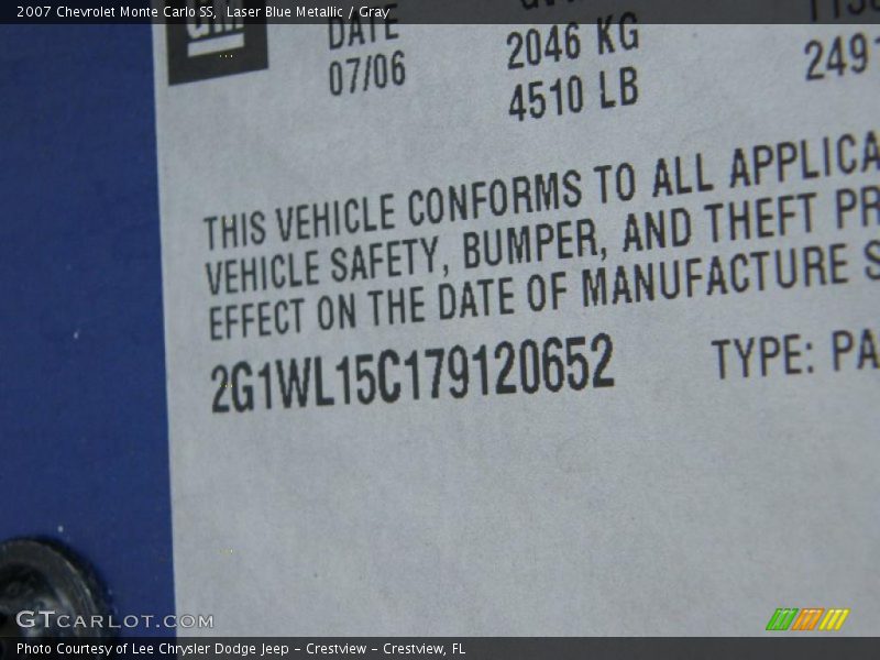 Laser Blue Metallic / Gray 2007 Chevrolet Monte Carlo SS