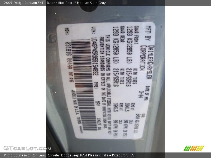 2005 Caravan SXT Butane Blue Pearl Color Code PBE