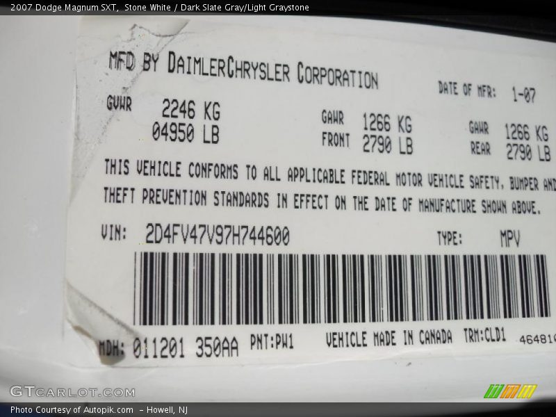2007 Magnum SXT Stone White Color Code PW1